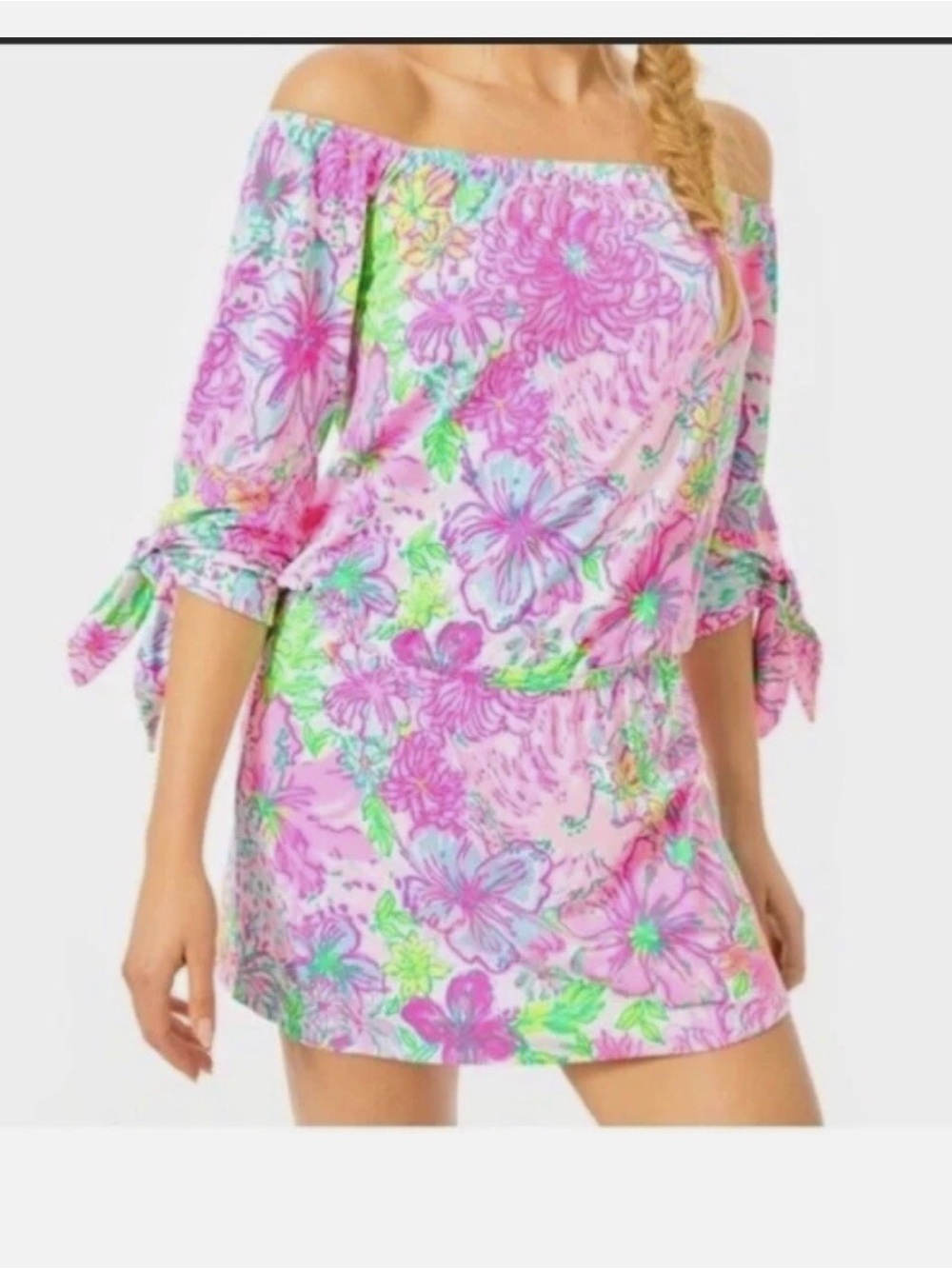 Lilly Pulitzer Lana Off Shoulder Romper in Pink Paradise Found. Size Small
